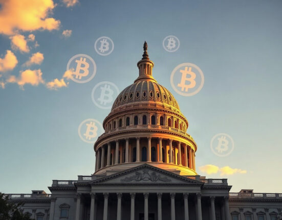 U.S. Capitol building with digital Bitcoin symbols in the sky, representing Bitcoin policy discussions.