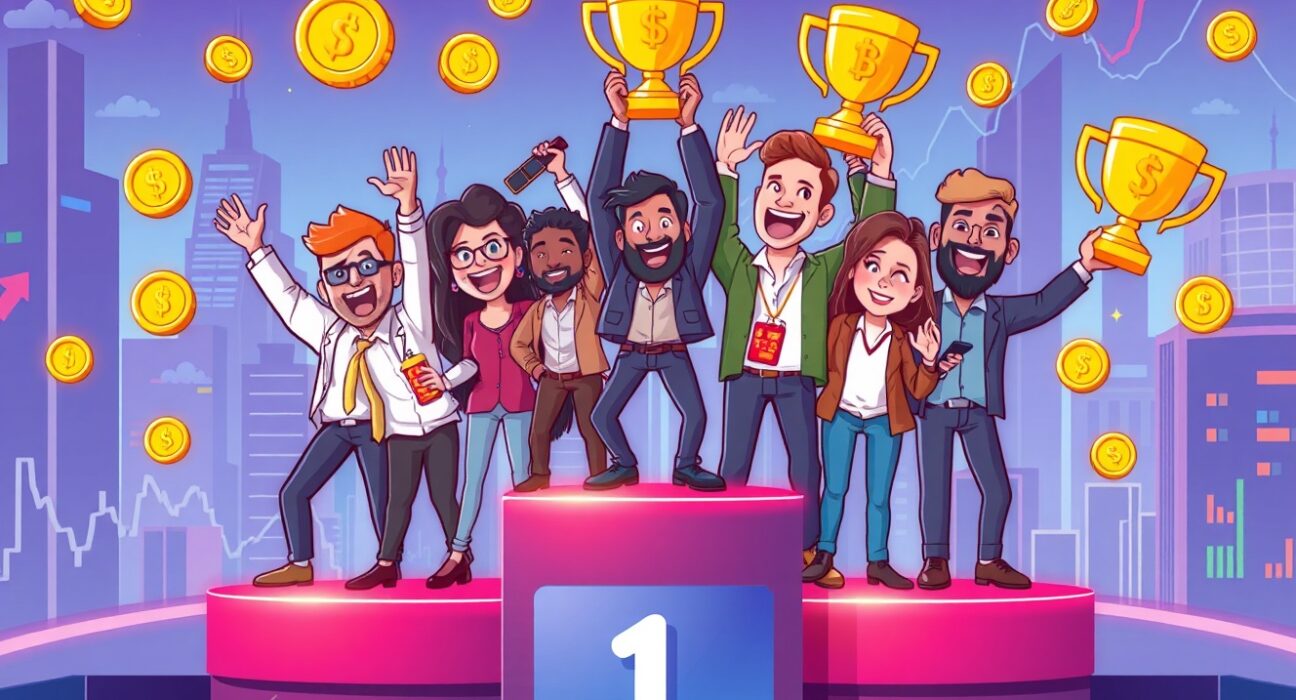 Cartoon traders celebrating victory in the Bitget King of Trading 2025 competition with prizes.