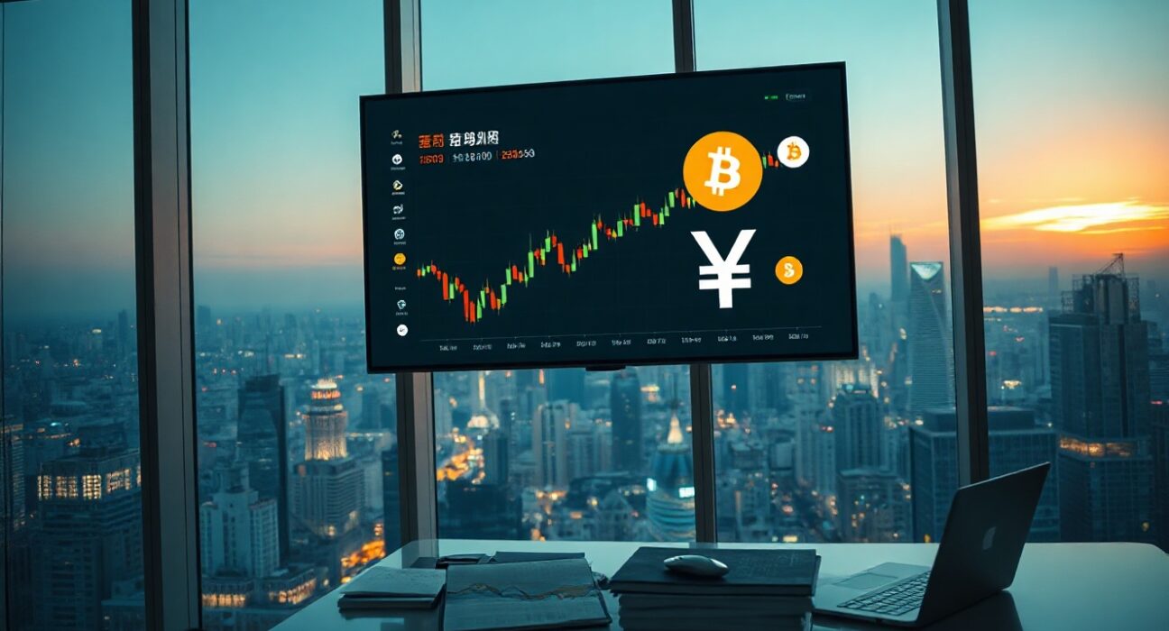 Bitget trading platform screen with yuan and stablecoin symbols in a modern office