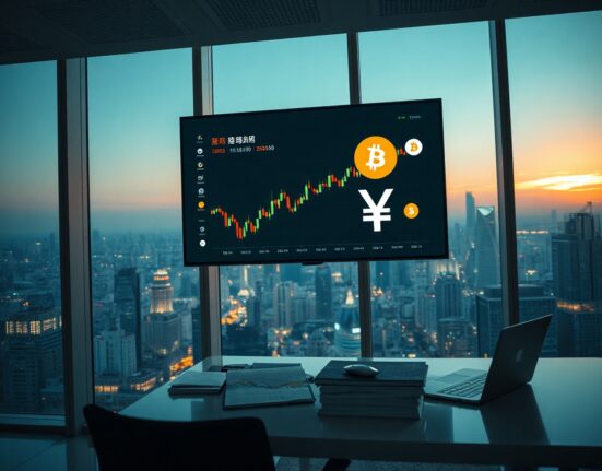 Bitget trading platform screen with yuan and stablecoin symbols in a modern office