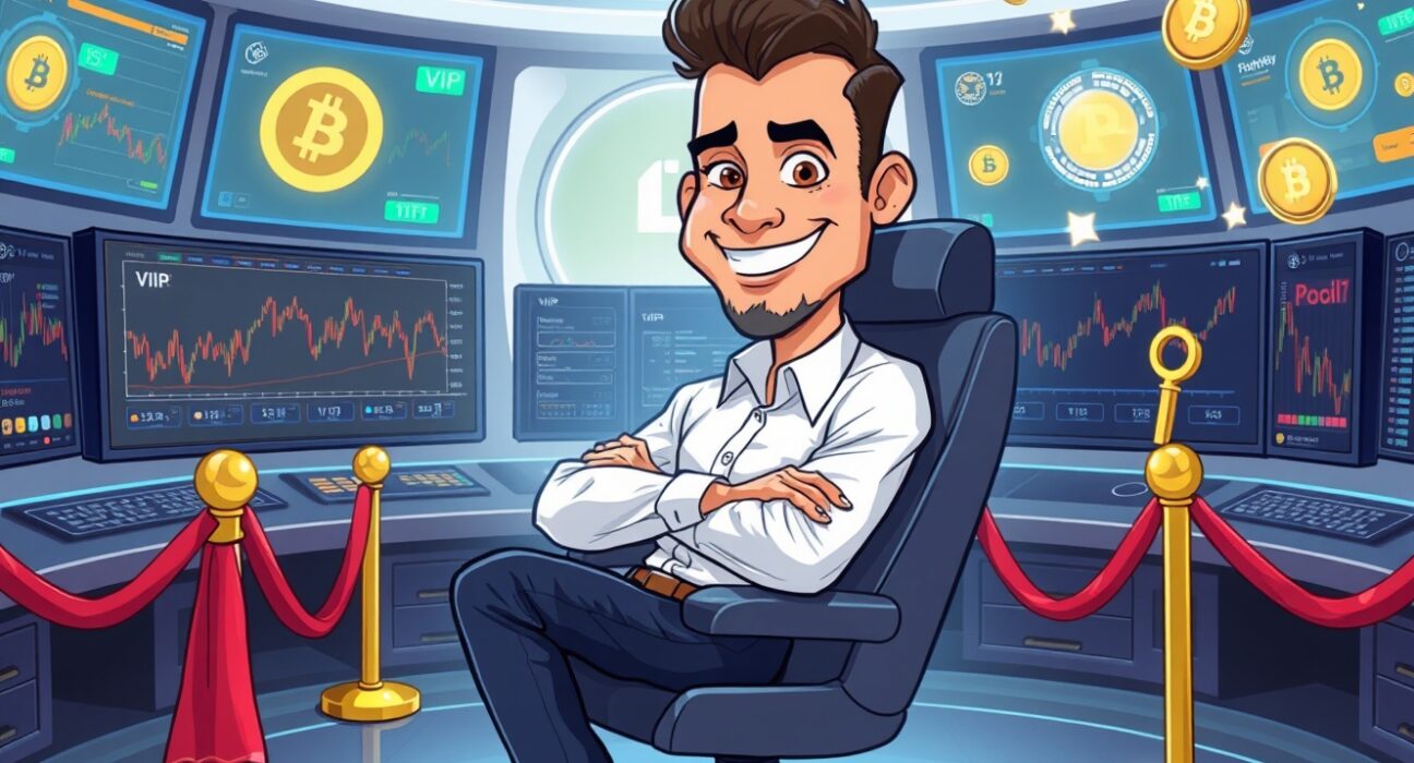 A vibrant cartoon of a VIP trader unlocking elite Bitget benefits in a futuristic command center.