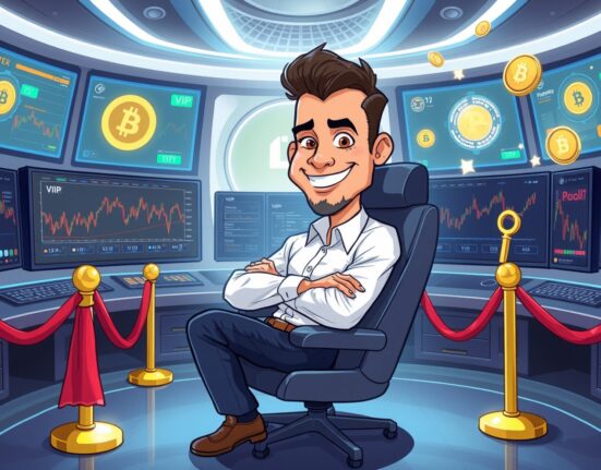 A vibrant cartoon of a VIP trader unlocking elite Bitget benefits in a futuristic command center.