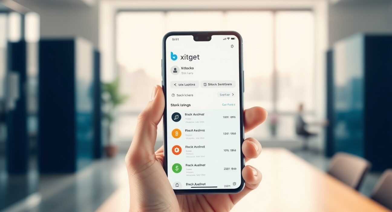 Smartphone displaying Bitget Wallet with Kraken xStocks stock token integration in a professional setting