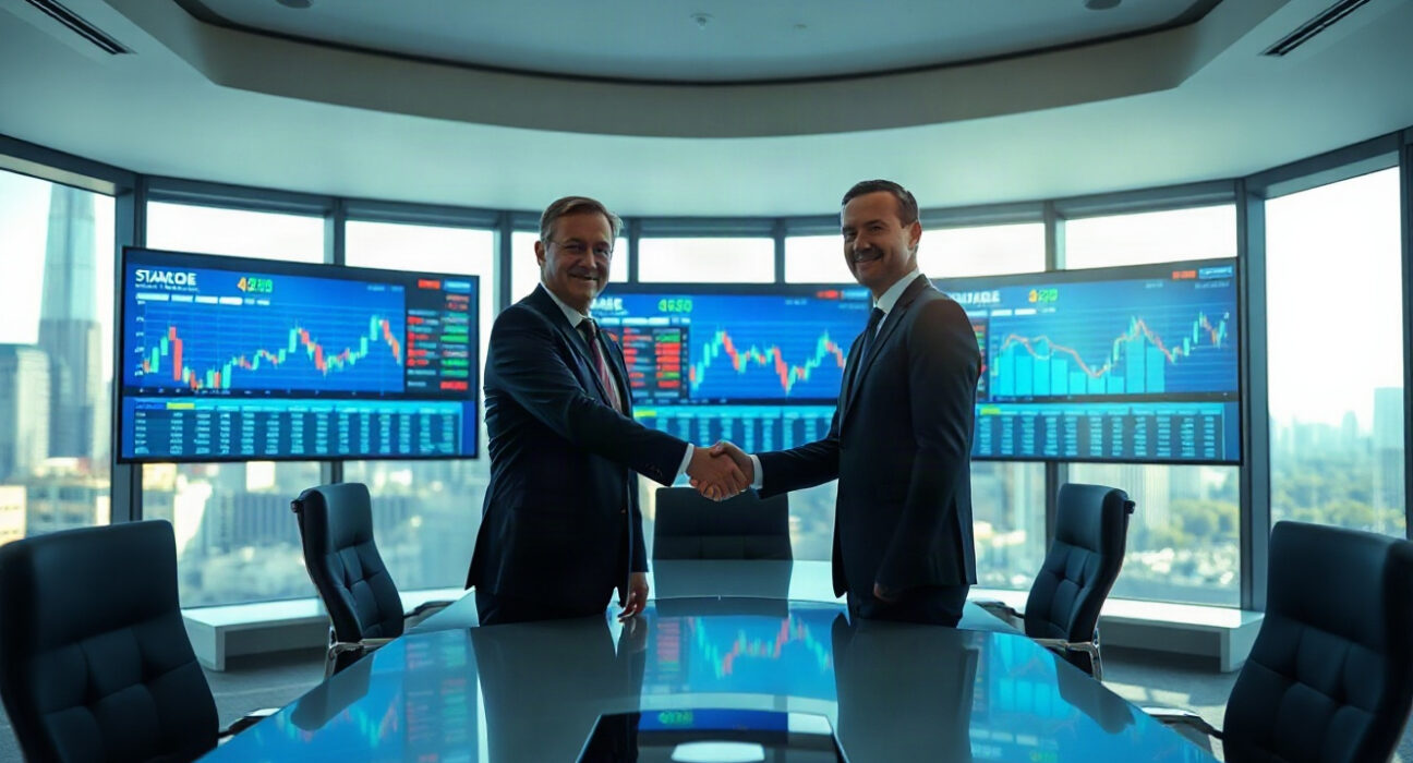 BitGo and NYDIG executives shaking hands during acquisition deal in modern office