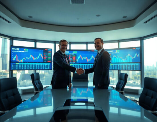 BitGo and NYDIG executives shaking hands during acquisition deal in modern office
