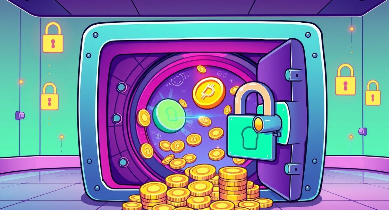 Institutional APT staking service illustrated as a secure digital vault generating yield