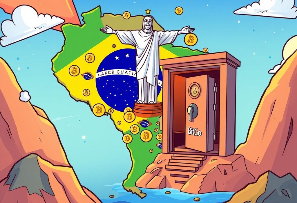 Illustration of BitGo Brazil's expansion, showing digital assets secured within a vault against a vibrant Brazilian backdrop, symbolizing compliant growth.