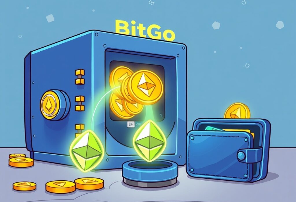 A cartoon illustration showing a massive BitGo ETH transfer of funds to new wallets, symbolizing significant crypto movements.