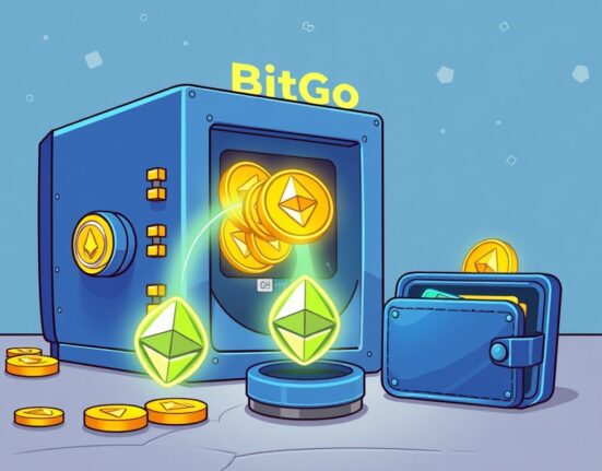 A cartoon illustration showing a massive BitGo ETH transfer of funds to new wallets, symbolizing significant crypto movements.