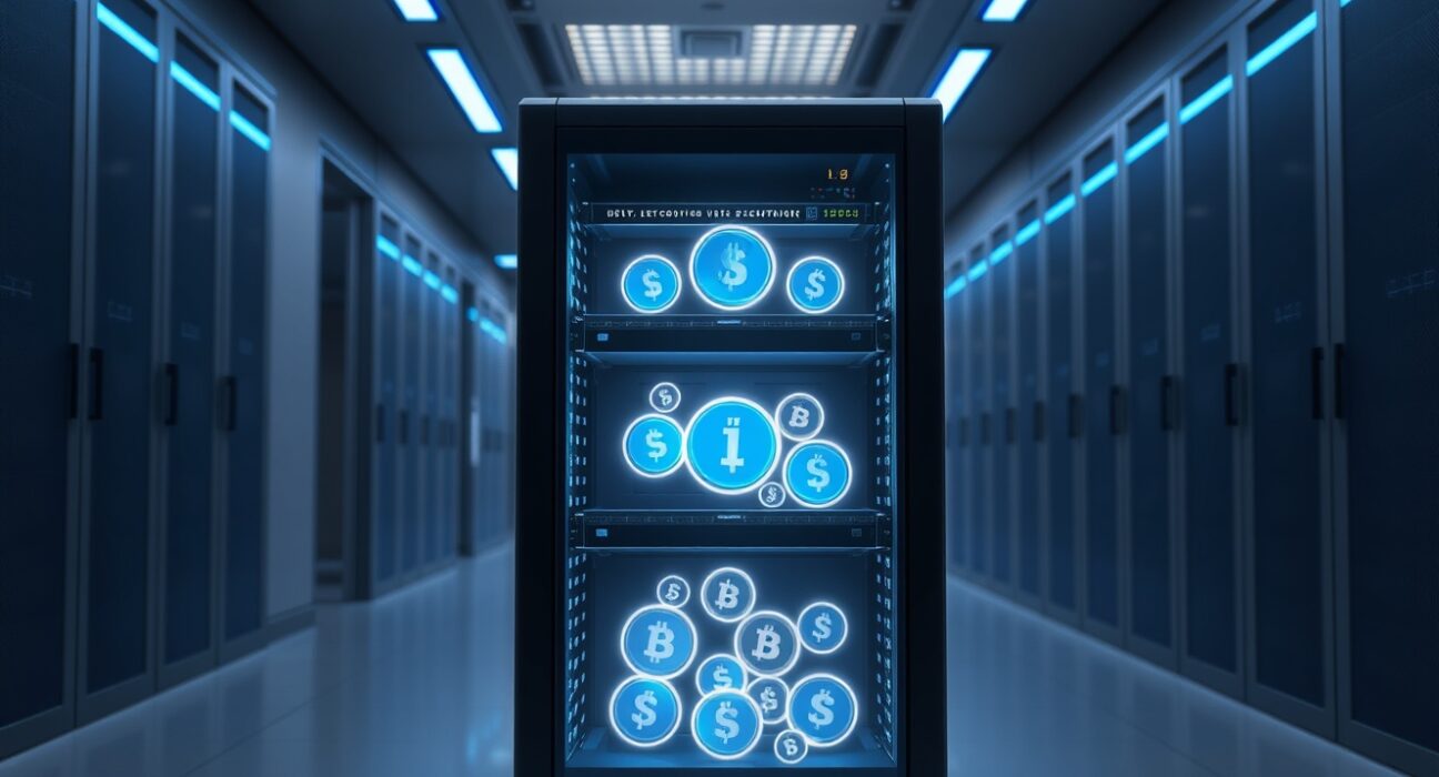 Secure data center server rack representing BitGo's new institutional stablecoin issuance infrastructure.