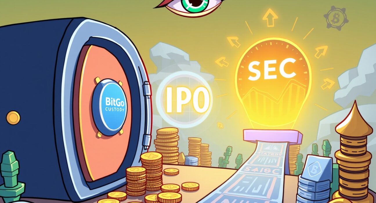 Cartoon illustration showing the significant impact of the BitGo IPO on secure digital asset custody and institutional finance.