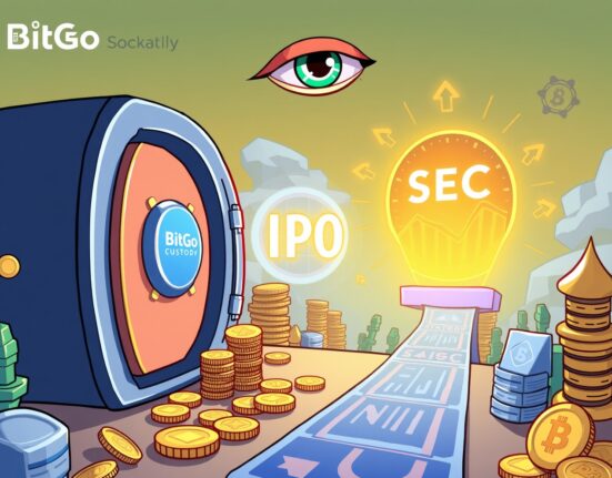 Cartoon illustration showing the significant impact of the BitGo IPO on secure digital asset custody and institutional finance.