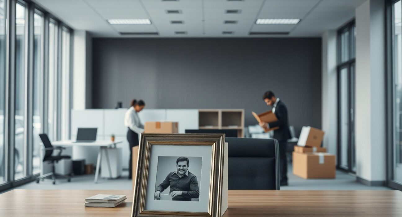 BitGo office scene with employees packing belongings, reflecting corporate restructuring and layoffs.