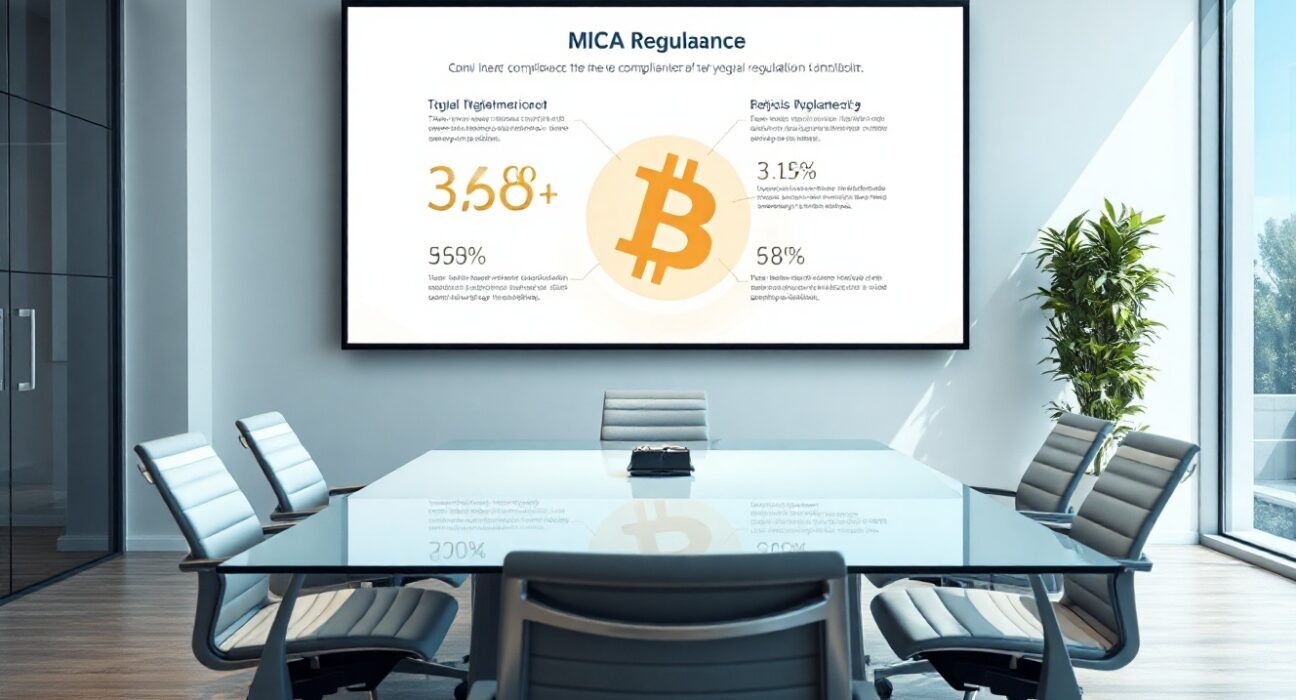 Modern European office interior with digital screen displaying MiCA compliance infographic and Bitcoin symbol