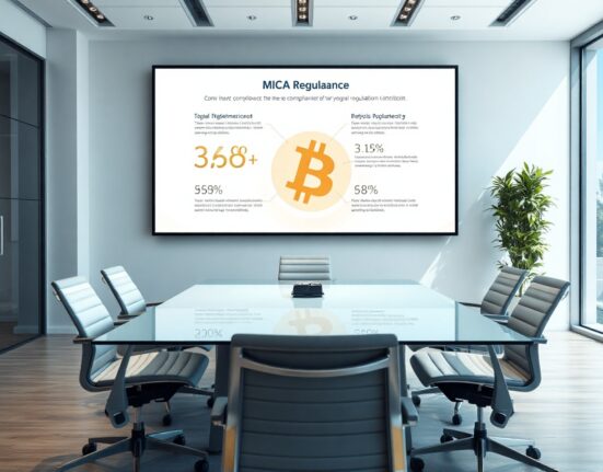 Modern European office interior with digital screen displaying MiCA compliance infographic and Bitcoin symbol