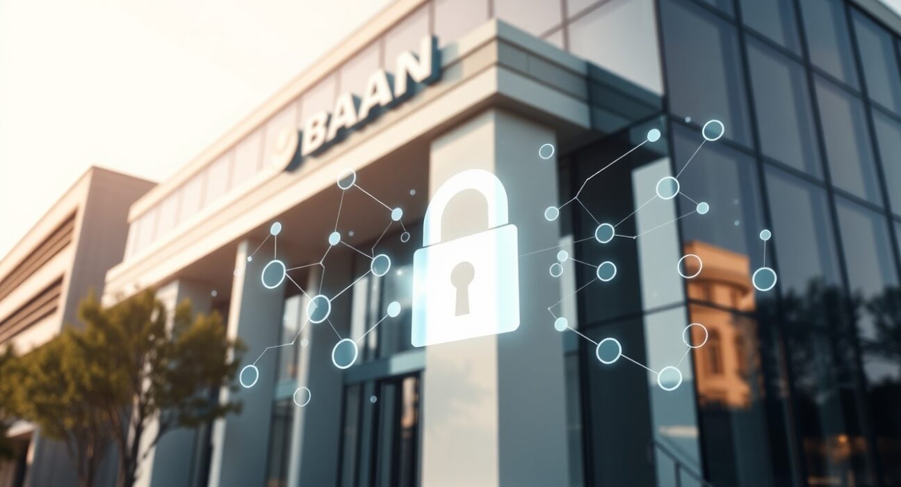Modern bank building with digital blockchain overlay representing secure crypto custody infrastructure.