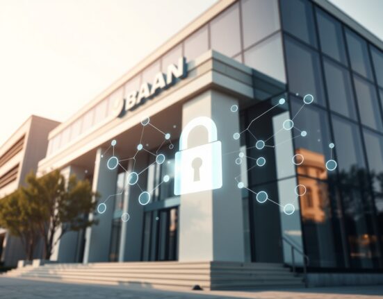 Modern bank building with digital blockchain overlay representing secure crypto custody infrastructure.