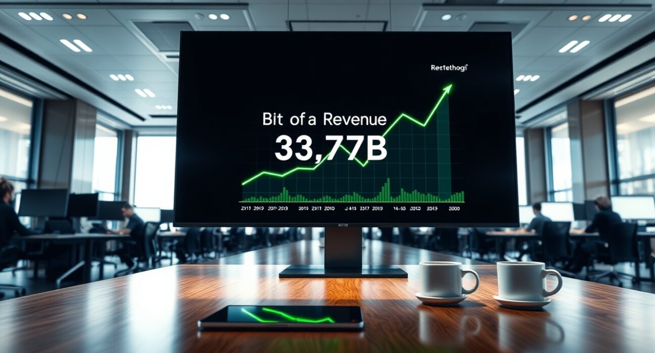 BitGo Q1 2026 earnings report showing revenue growth chart on a digital screen in a modern office