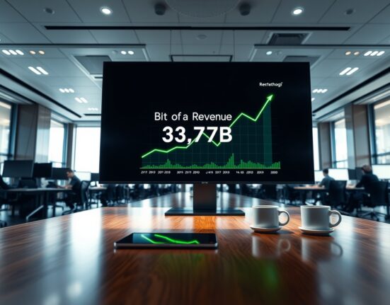 BitGo Q1 2026 earnings report showing revenue growth chart on a digital screen in a modern office