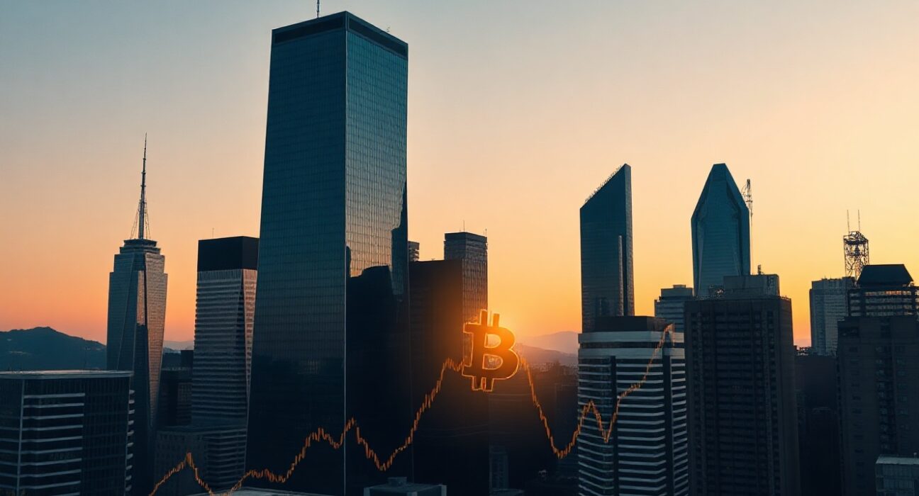 BitGo Q2 revenue growth chart overlay on financial district skyline