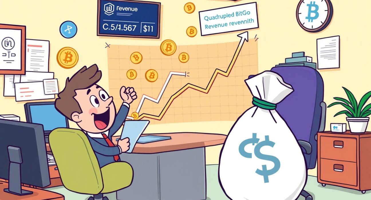 Cartoon showing rapid BitGo revenue growth, with figures celebrating increased digital asset earnings.