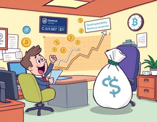 Cartoon showing rapid BitGo revenue growth, with figures celebrating increased digital asset earnings.