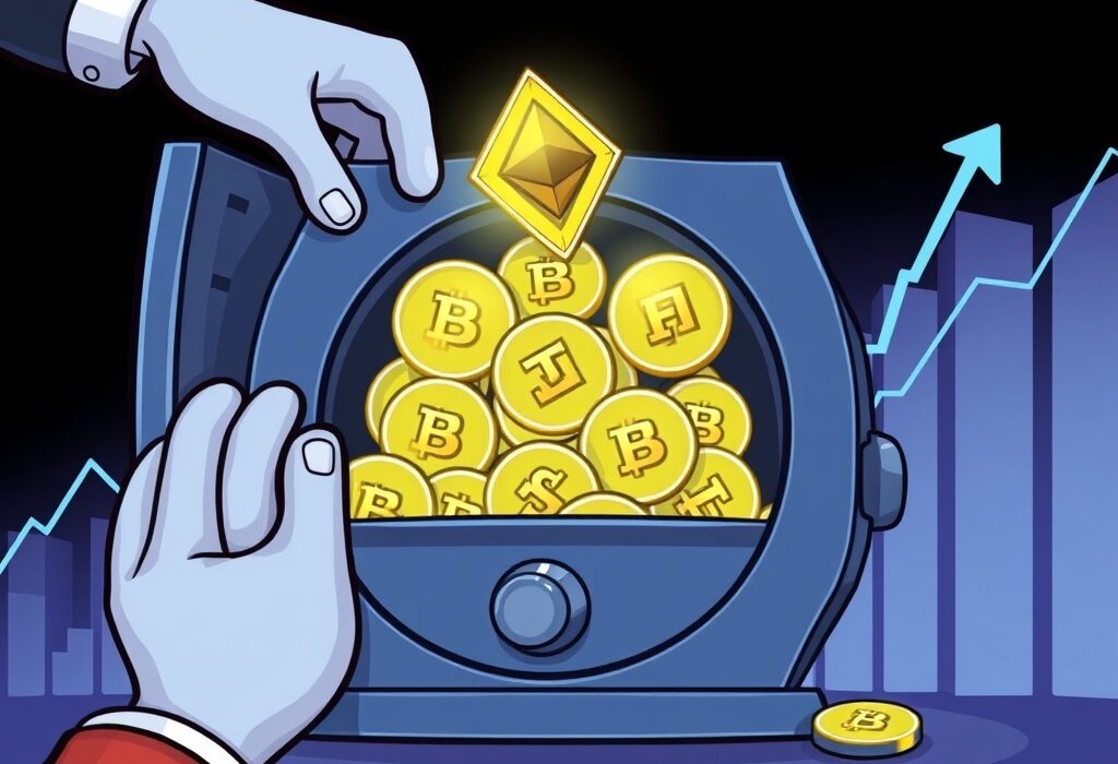 A cartoon illustration of Bitgo wallets securely accumulating a massive amount of ETH, representing significant institutional crypto holdings.