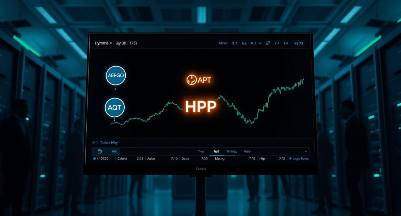 Bithumb exchange interface showing AERGO and AQT tokens merging into HPP on a digital screen