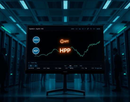 Bithumb exchange interface showing AERGO and AQT tokens merging into HPP on a digital screen