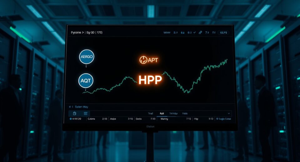 Bithumb exchange interface showing AERGO and AQT tokens merging into HPP on a digital screen