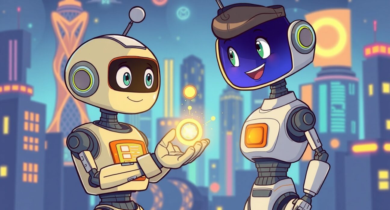 Friendly cartoon robot facilitating the essential AI16Z token swap on a digital exchange platform.