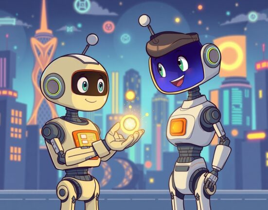 Friendly cartoon robot facilitating the essential AI16Z token swap on a digital exchange platform.