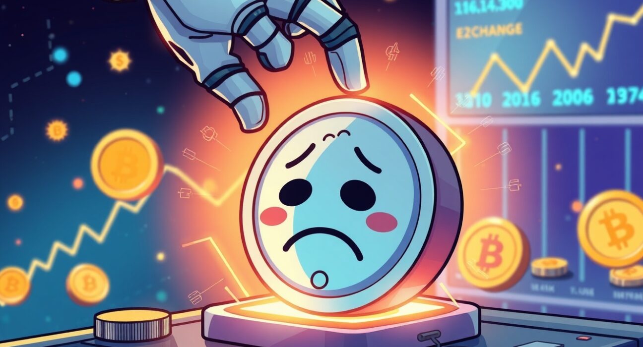 A cartoon illustration of the APM Coin delisting process from a cryptocurrency exchange.