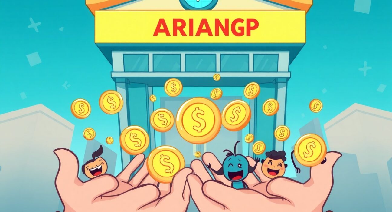 Cartoon illustration depicting the Bithumb ARIAIP airdrop, showing tokens being distributed to various crypto holders.