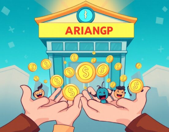 Cartoon illustration depicting the Bithumb ARIAIP airdrop, showing tokens being distributed to various crypto holders.