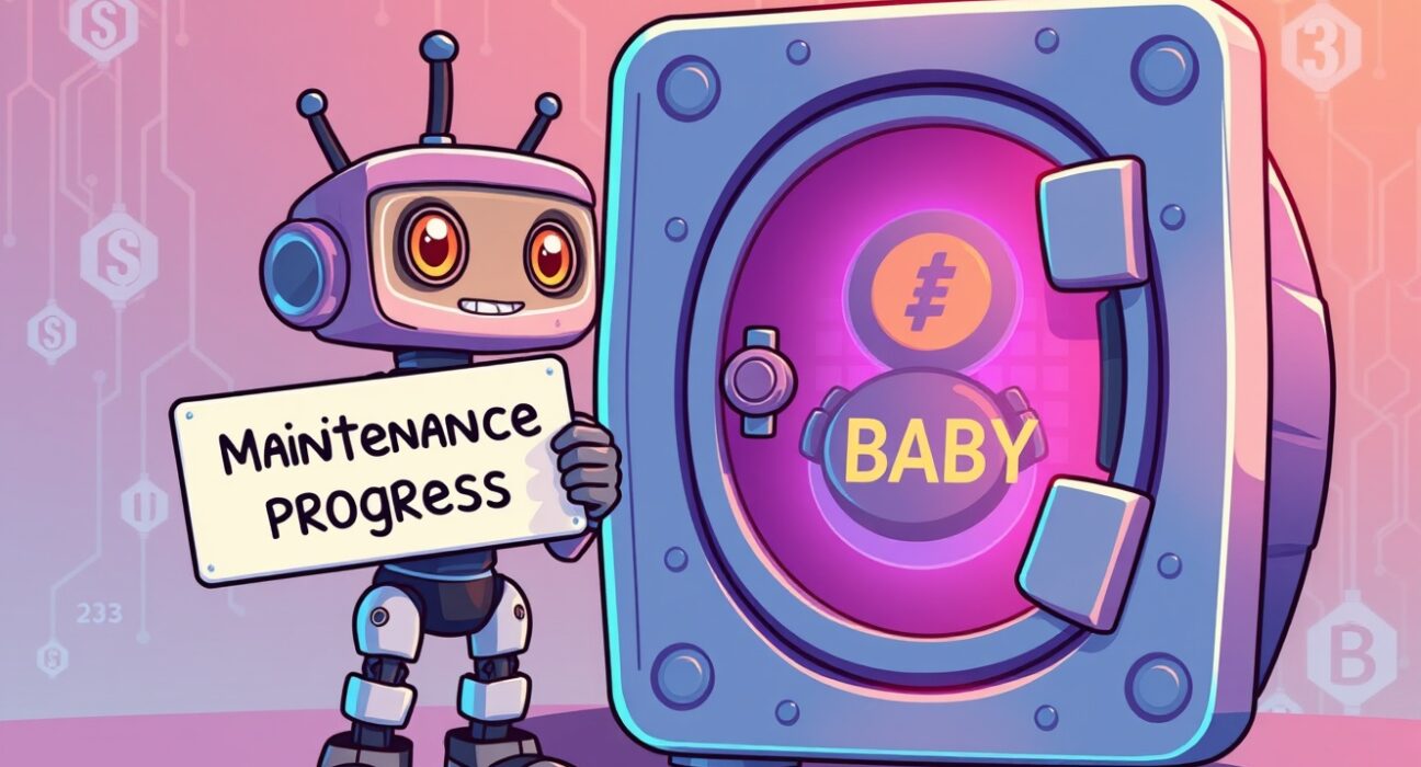 Bithumb BABY deposits withdrawals suspended for a cartoon robot performing a system upgrade on a digital vault.