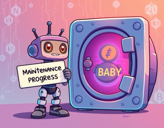 Bithumb BABY deposits withdrawals suspended for a cartoon robot performing a system upgrade on a digital vault.