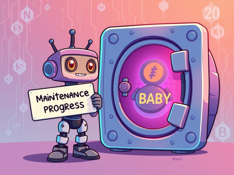 Bithumb BABY deposits withdrawals suspended for a cartoon robot performing a system upgrade on a digital vault.