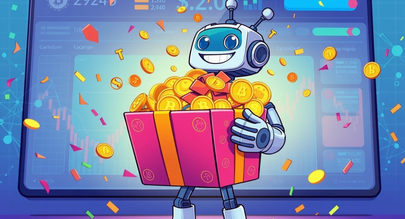 A vibrant cartoon illustration of a cheerful robot distributing a BABY token airdrop from a gift box.