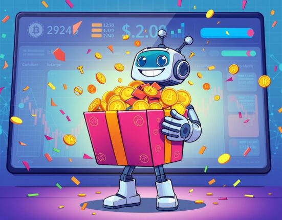 A vibrant cartoon illustration of a cheerful robot distributing a BABY token airdrop from a gift box.