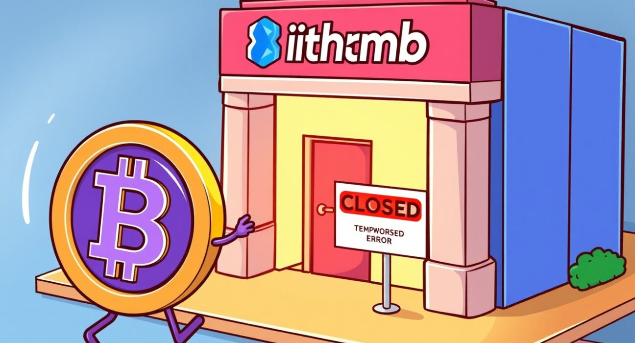 A cartoon illustration depicting the Bithumb BERA suspension, showing a coin blocked from entering an exchange due to a network error.