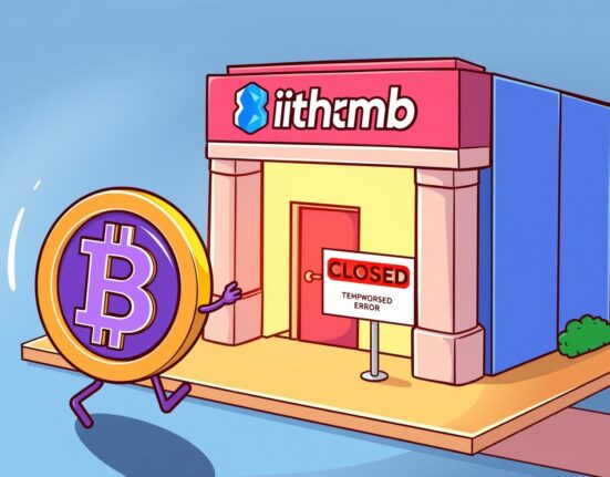 A cartoon illustration depicting the Bithumb BERA suspension, showing a coin blocked from entering an exchange due to a network error.