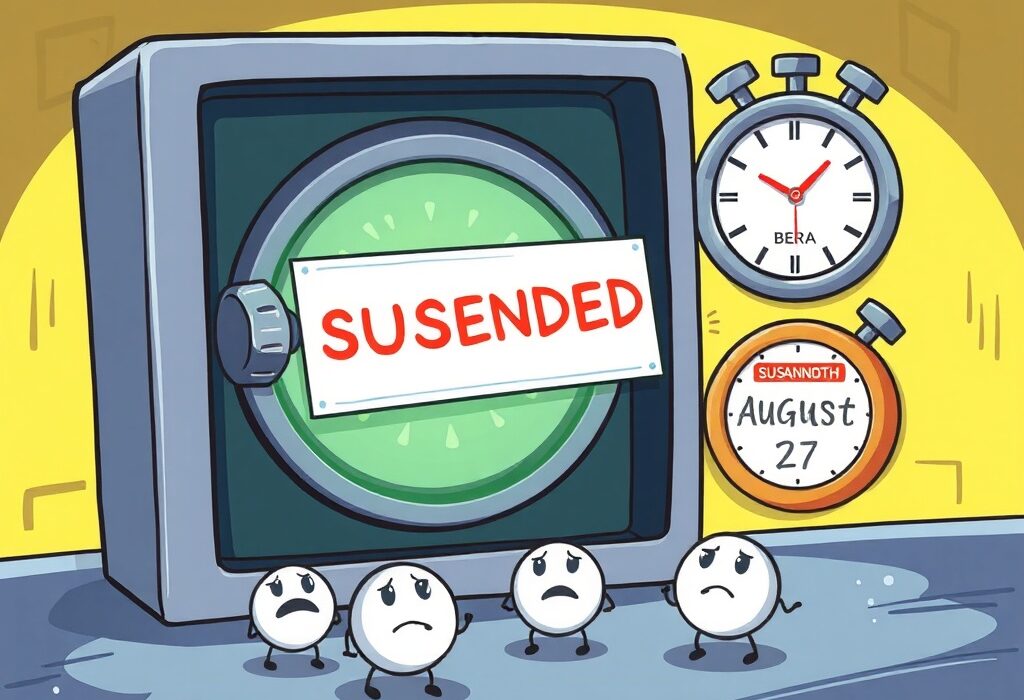 A cartoon illustration depicting the temporary Bithumb BERA suspension for a Berachain network upgrade, showing halted transactions.