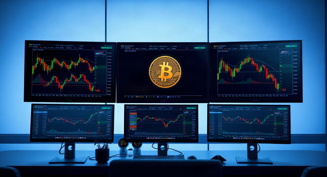 Trading monitors displaying BICO token charts on a desk in a dark room