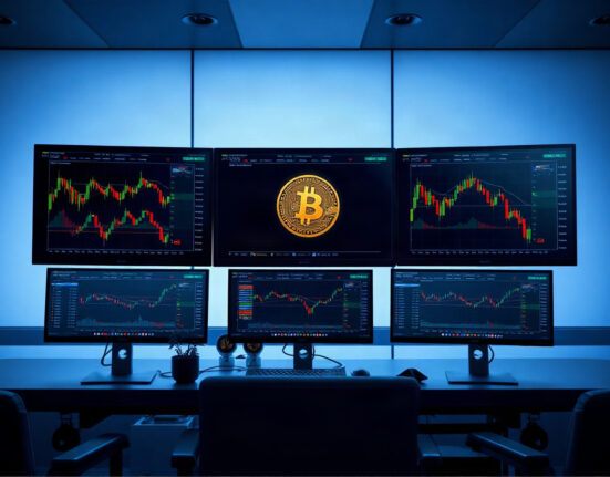 Trading monitors displaying BICO token charts on a desk in a dark room