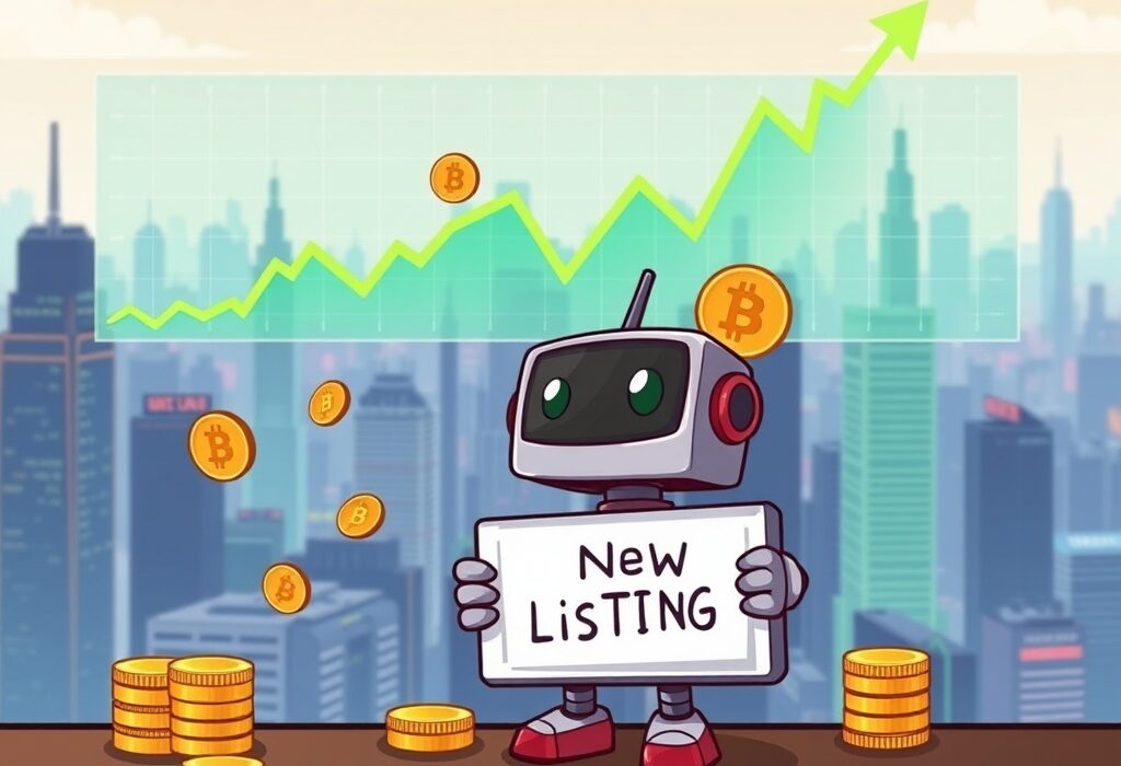 A cartoon illustration showing the excitement around the Bithumb BIO/KRW listing on a crypto exchange platform.