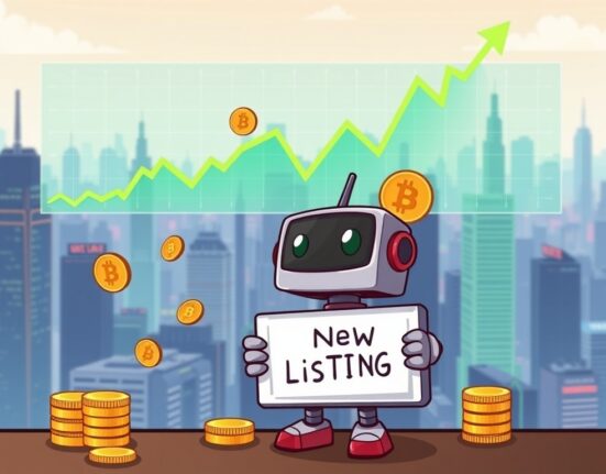 A cartoon illustration showing the excitement around the Bithumb BIO/KRW listing on a crypto exchange platform.