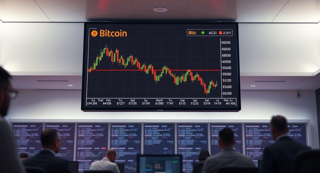 Digital screen showing a declining Bitcoin price chart in a modern trading office