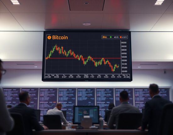 Digital screen showing a declining Bitcoin price chart in a modern trading office