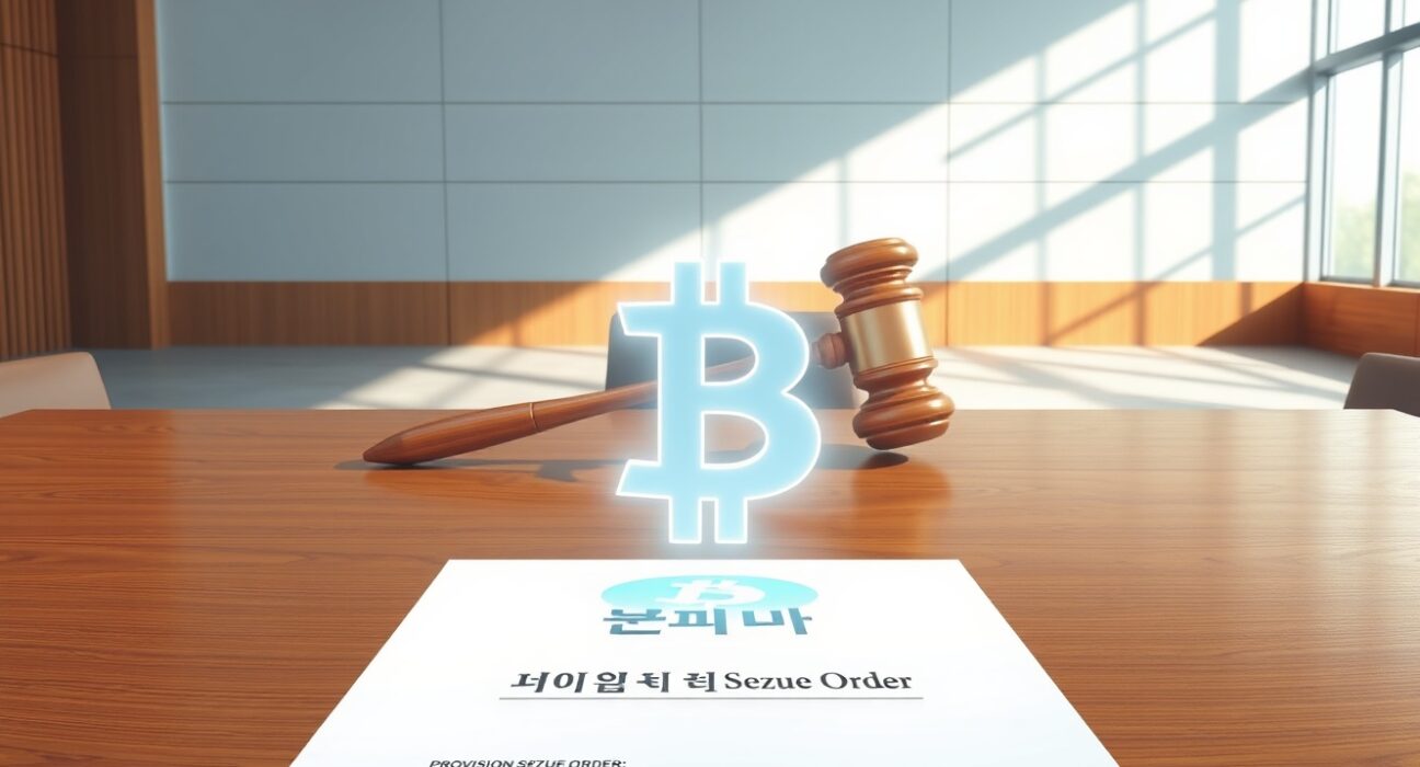 Legal proceedings for Bithumb's Bitcoin seizure case in a South Korean courtroom.